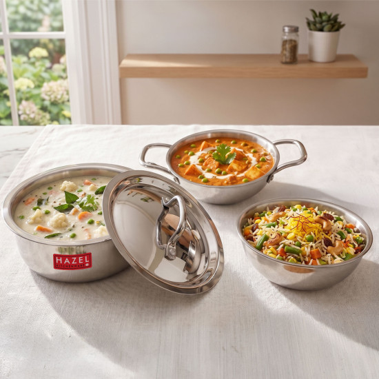 HAZEL Triply Stainless Steel Induction Bottom Tope 2.3 Litre, Kadhai and Tasra 1.2 Litre With Stainless Steel Lid