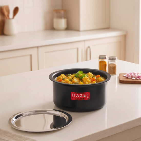 HAZEL Hard Anodised Aluminium Tope With Lid | Hard Anodised Cookware Boiling Tope Patila With Steel Lid Cover For Cooking (Tope Capacity 1500ml, Lid 18.3 cm), Black