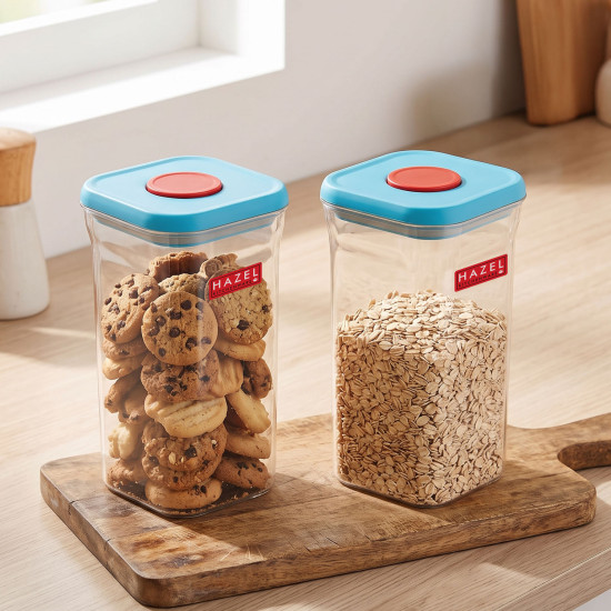 HAZEL Airtight Storage Containers with One-Touch Lid | Stackable Jars for Snacks, Pasta, Dal, 1300 ML, Blue, Set of 2