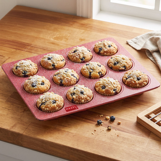 HAZEL Aluminium Cupcake Muffin Mould Microwave Safe 12 Cups Non Stick Granite Finish Mini Crown Muffin Pan Chocolate Baking Tray for House and Bakery, Red