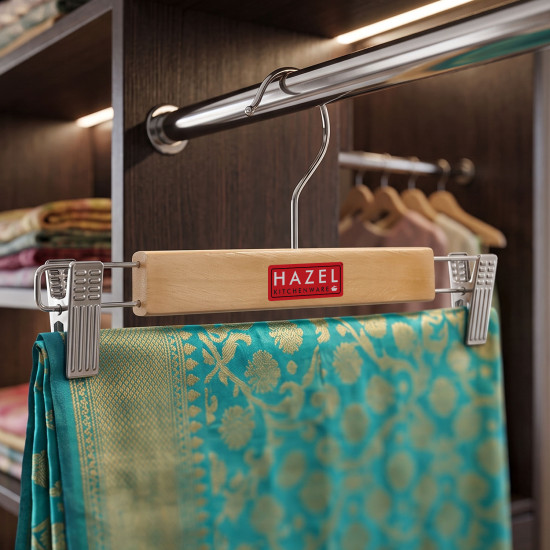 HAZEL Hanger For Clothes Hanging | Stainless Steel Cloth Hanger | Wooden Pant Hanger for Storing Clothes | 13 inch Clothes Hanger