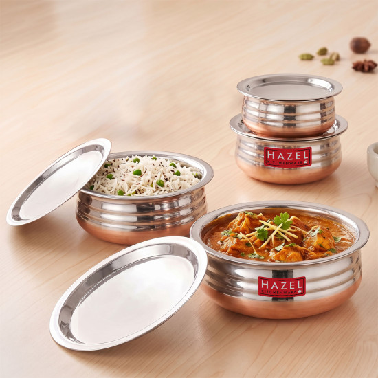 HAZEL Copper Bottom Urli Handi Set with Lid Cover| Premium Stainless Steel Cookware Set | Serving Cooking Tope Bowl for Kitchen | Copper Bottom Vessels for Cooking, 4 Piece