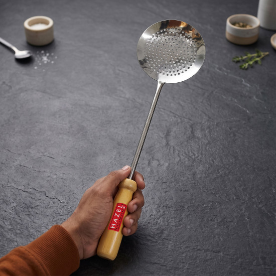 HAZEL Steel Frying Jhara No 5 Wooden Handle 46 cm, Silver