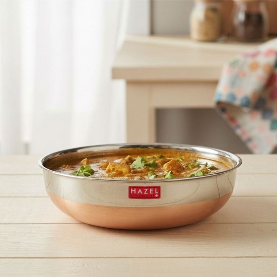 HAZEL Stainless Steel Kadai Without Handle | Copper Bottom Kadai, 1000 ml with I Premium Stainless Steel Vessels Tasra Kadai, Silver and Copper