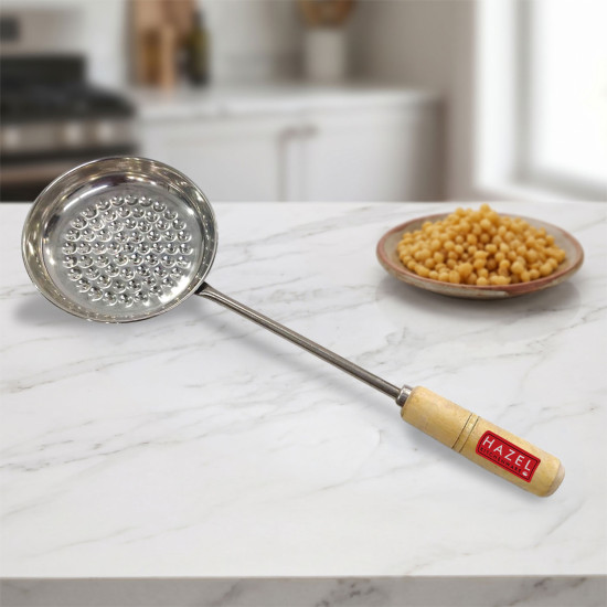 HAZEL Stainless Steel Medium Bundi Jhara with Wooden Handle for firm Grip