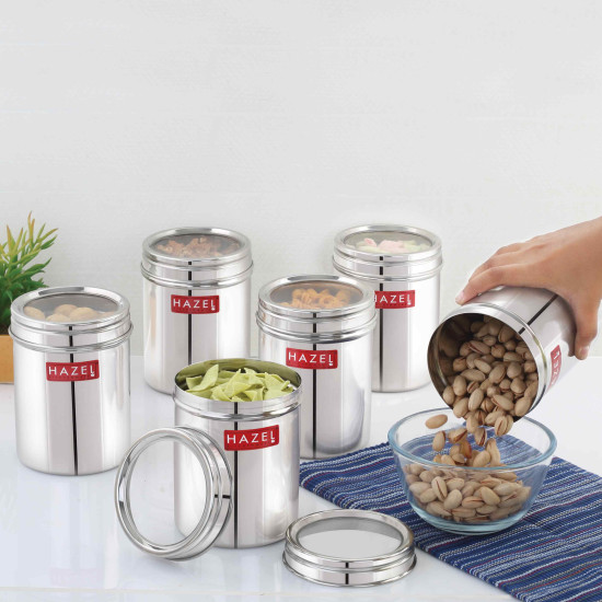 HAZEL Stainless Steel Kitchen Container with Transparent Lid | Top See Through Kitchen Container Set with Matt Finish | Multipurpose Container for Kitchen Storage, 1100 ML, Set of 6