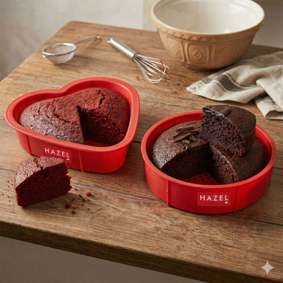 HAZEL Small Silicon Round and Heart Shape Cake Mould for Half Kg, 2 Pcs, Red