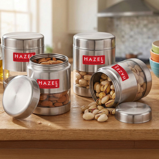 HAZEL Stainless Steel Masala Containers | Set of 4 | 400 ml Airtight Transparent Spice Boxes | Matt Silver