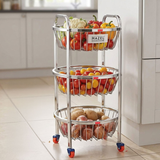 HAZEL Stainless Steel Fruit Vegetable Basket Kitchen Storage Trolley Rack Round Stand with Wheel, 3 Layer, 14.2 x 24.4 Inches