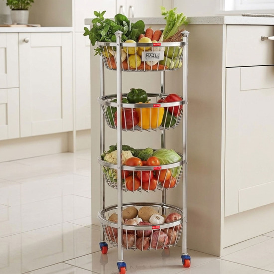 HAZEL Stainless Steel Fruit Vegetable Basket Kitchen Storage Trolley Rack Round Stand with Wheel, 4 Layer, 14.4 x 30.6 Inches