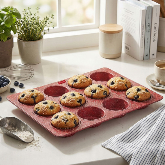 HAZEL Aluminium Cupcake Muffin Mould Microwave Safe 12 Cups Non Stick Granite Finish Muffin Pan Chocolate Baking Tray for House and Bakery, Red