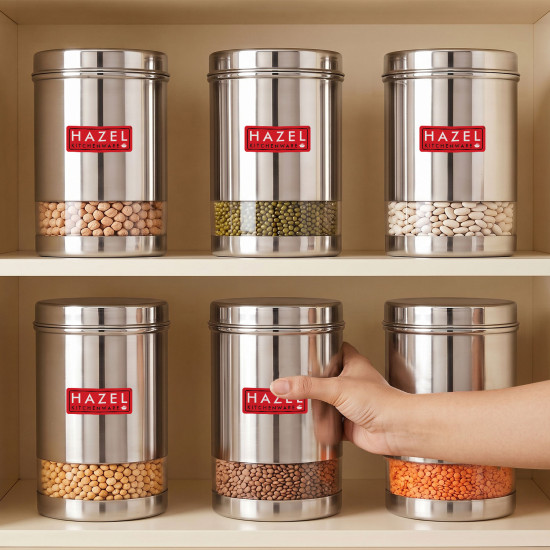 HAZEL Stainless Steel Transparent Glossy Finish See Through Container, Silver, Set of 6, 1200 Ml